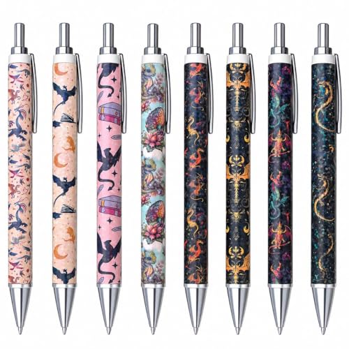 8PC Fantasy Dragon Pens Mystical Gothic Magical Mythical Wizard Sword Black Ink Writing Pen Office Supplies Unique Stationery Nurse Essentials For Work Spooky Gifts For Friends Coworkers Gamers - style: Fantasy Dragon