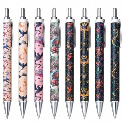 8PC Fantasy Dragon Pens Mystical Gothic Magical Mythical Wizard Sword Black Ink Writing Pen Office Supplies Unique Stationery Nurse Essentials For Work Spooky Gifts For Friends Coworkers Gamers - style: Fantasy Dragon