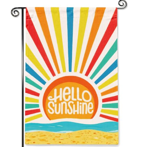Hello Sunshine Summer Garden Flag Double Sided Burlap 12x18in - color: Orange Hello Sunshine