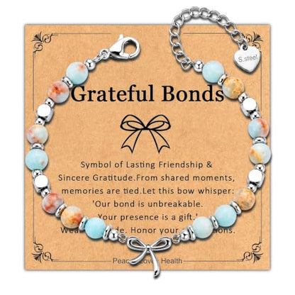 Bracelet for Women Natural Stone Beaded, Stainless Steel Charms, Adjustable - color: 9-Bow