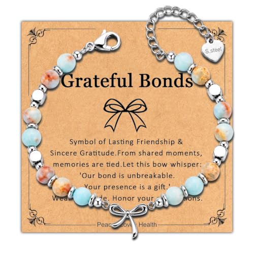 Bracelet for Women Natural Stone Beaded, Stainless Steel Charms, Adjustable - color: 9-Bow