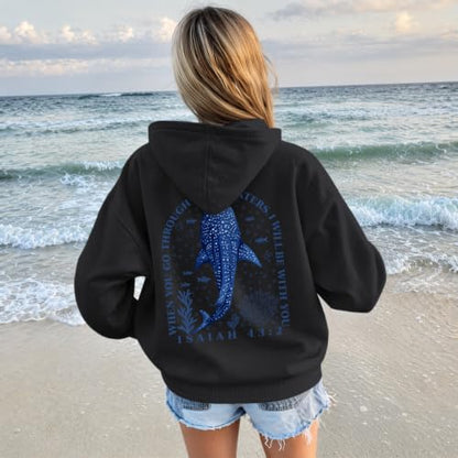 BeWithYou Christian Whale Shark Hoodies for Women Jesus Faith Sweatshirts God Religious Hoodie Bible Verse Graphic Pullover - color: Black, size: X-Large