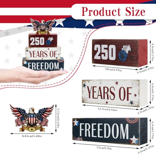 4 Pcs 250th Anniversary 4th of July Table Decorations Eagle Patriotic Wooden Block Signs Memorial Day Tiered Tray Decor Red White Blue Table Centerpieces Independence Day Decorations for Home Office Shelf - style: Eagle