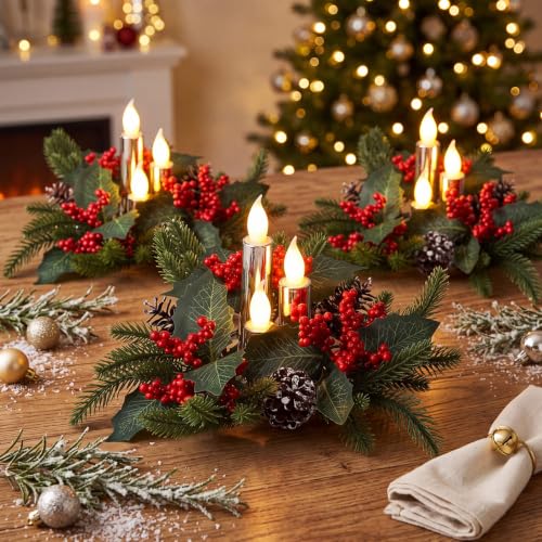 Tuanse 3 Set Christmas Poinsettia Centerpiece with Flameless Candle, Farm - style: Christmas Holly Berry