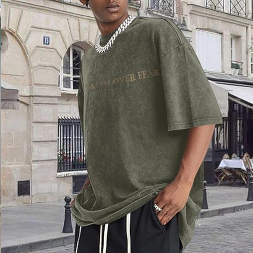 Christian Faith Over Fear Shirt for Men Jesus Religious Shirts Oversized Graphic Tees Acid Wash God T-Shirt - color: Army Green, size: Small