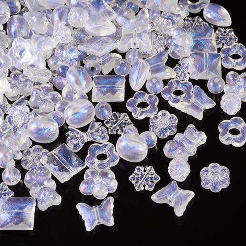 FASHEWELRY 120pcs Clear Acrylic Beads Transparent Mixed Cute Beads for Bracelets, Glitter Powder Bear Bowknot Rabbit Flower Pony Beads Bulk for DIY Keychain Necklace Jewelry Making - color: Clear, 12 Style