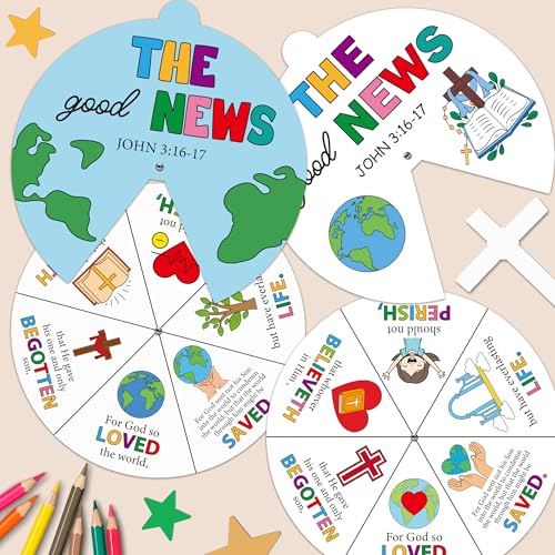COcnny Religious Christian Craft Activities - 24 Sets John 3:16 Coloring Crafts for Kids, Color Your Own Bible Wheel Cards, DIY Jesus Biblical The Good News Art Paper Game for Sunday School Class Home - style: The Good News