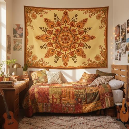 Motanber Boho Mandala Floral Tapestry Wall Hanging Bohemian Orange Yellow Flower Tapestry Aesthetic Vintage Sunflower Indian Large Tapestries for Bedroom Living Room Dorm Wall Decor 80 x 60 Inch - color: Orange Yellow, size: 80"L x 60"W