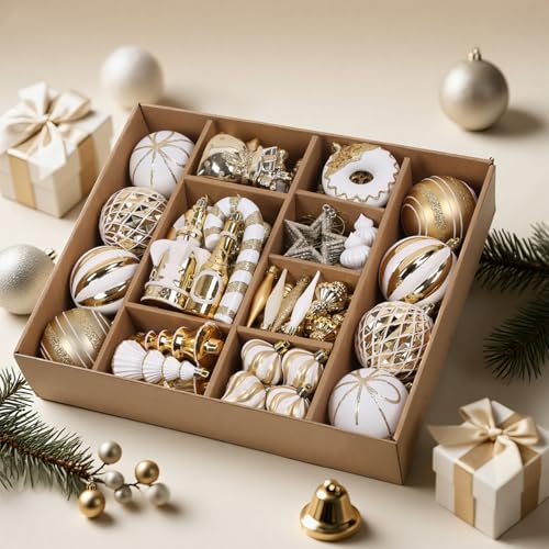 SHareconn 70pcs 2025 Classic Christmas Balls Ornaments Set, Shatterproof Plastic Baubles, Ribbon and Tree Topper for Xmas Tree Holiday Wedding Party Decorations with Hanging Strings, White and Gold - color: White and Gold