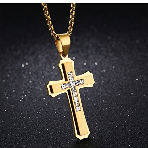 OLEVS Men's Cross Pendant Necklace Large Stainless Steel Cross Pendant Necklace for Men Women - color: gold crystal