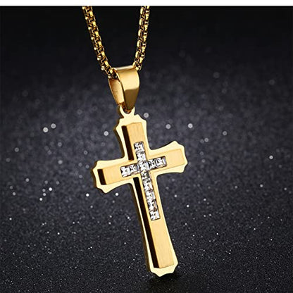 OLEVS Men's Cross Pendant Necklace Large Stainless Steel Cross Pendant Necklace for Men Women - color: gold crystal
