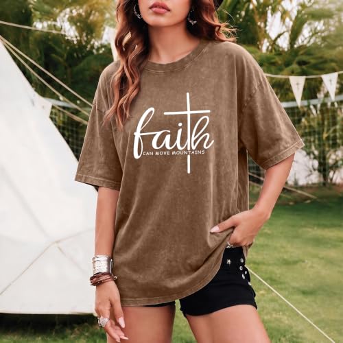 Christian Shirts for Women Faith Can Move Mountains Acid Wash Graphic Shirt Jesus Religious Bible Verse Tee Tops - color: Coffee, size: XX-Large