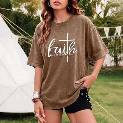 Christian Shirts for Women Faith Can Move Mountains Acid Wash Graphic Shirt Jesus Religious Bible Verse Tee Tops - color: Coffee, size: XX-Large