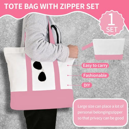 2-Pack Canvas Tote Bags and Makeup Bags, Cotton Zipper Bag, Pink - color: Pink/White