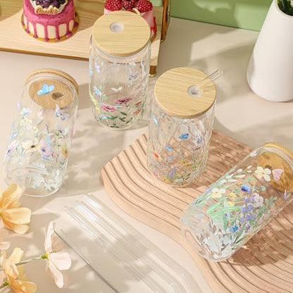 Mumufy 4 Pack Wildflower Glass Cup, 16 oz Tumbler Mug with Bamboo Lid - style: Wild Flower