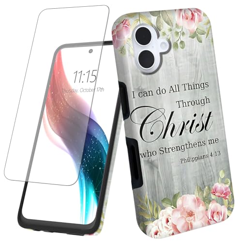 for iPhone 16 Plus Phone Case 6.7" with Screen Protector Bible Verse Philippians 4-13 Design Women Men Hybrid Dual Layer Hard PC Shell Soft TPU Silicone Wireless Charging Shockproof Protective Cover - color: Bible Verse Philippians 4-13, size: for iPhone