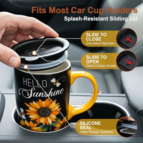 Topadorn 17oz Ceramic Travel Mug with Lid, Sunflower Floral Coffee Mug - color: Hello,Sunshine