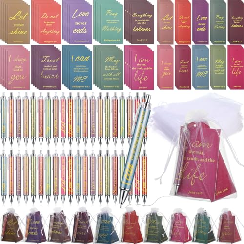 200 Pcs Christian Gift for Women Christian Accessories Include 50 Bible Verses Notebook 50 Church Bookmark 50 Ballpoint Pen Organza Bag Gift for Christmas Church Motivational (Multicolor) - style: Multicolor