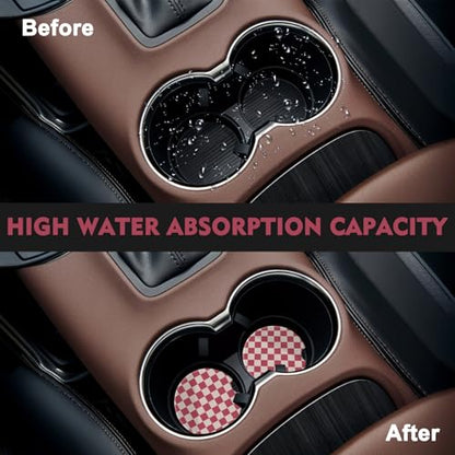 2 Pack Car Coasters for Cup Holders, Cute Car Accessories Interior (Grid-Pink) - color: Grid-pink
