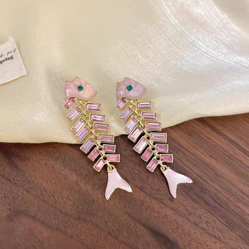 Fish Bone Earrings Drip Oil Animal Earrings Colorful Crystal Sparkly Enamel Earrings Creative Long Fishbone Earstud Dangle Fish Drop Earrings Jewelry for Women - color: Pink Fish