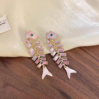 Fish Bone Earrings Drip Oil Animal Earrings Colorful Crystal Sparkly Enamel Earrings Creative Long Fishbone Earstud Dangle Fish Drop Earrings Jewelry for Women - color: Pink Fish