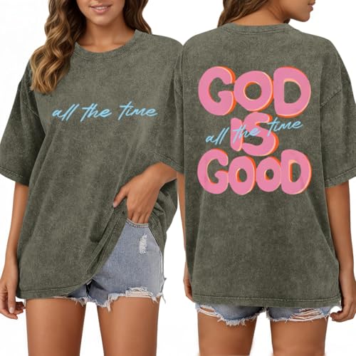 Christian Shirts for Women God is Good All The Time Graphic Shirt Faith Religious Tees Inspirational Bible Verse Top - color: Army Green, size: 5X-Large