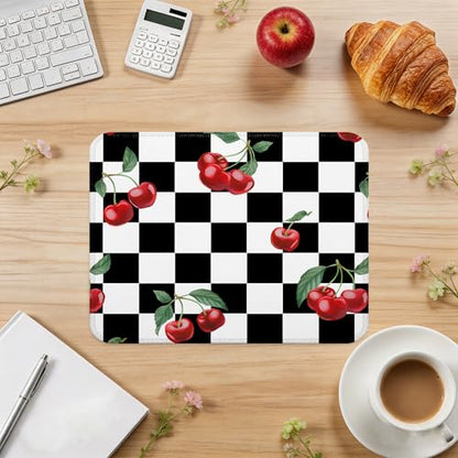 Black Checkered Cherry Mouse Pad, Black and White Checkerboard Cherry Girly Aesthetic Mouse Pad for Home Office Computer Laptop Desk Accessories, 9.5x7.9 Inch - color: Black Checkered Cherry