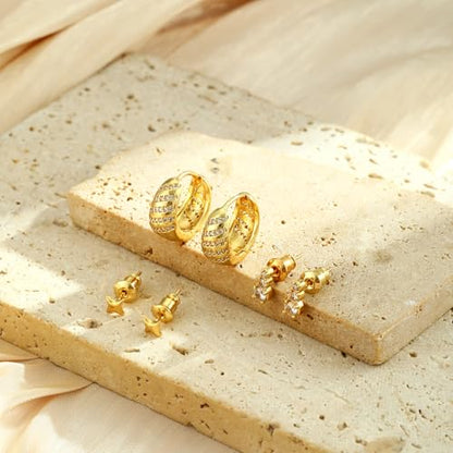 Rotnso Gold Hoop Earrings Set for Women Hypoallergenic Trendy Huggie Stack - style: 3 Pairs Star Hoops-GD