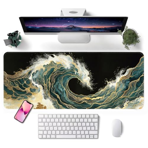 Mouse Pad, Desk Mat, 31.5x11.8in Large Mousepad, Blue Gold Waves - color: Blue Gold Waves