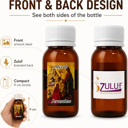 Zuluf Myrrh Anointing Oil from the Holy Land Jerusalem Pure Olive Base Blessed Christian Prayer Oil from Bethlehem for Baptism Christening Godparent Faith Gift Frankincense Companion 1.7 Fl Oz
