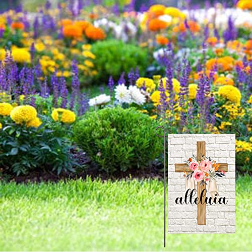 Easter Cross Garden Flag Alleluia He is Risen Religious Flags 12x18 Vertical Double Sided Spring Floral Cross Yard Flag Christian Holiday Yard Outdoor Decoration