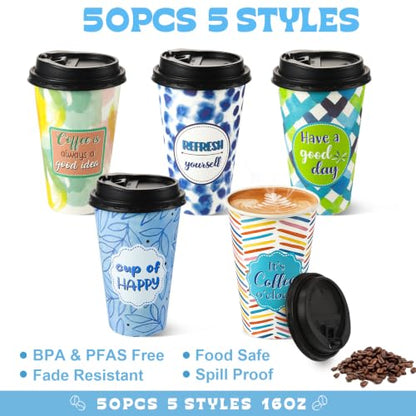 50 Pack 16 oz Disposable Coffee Cups with Lids Blue Colorful - style: Blue and Colorful Inspirational Quotes