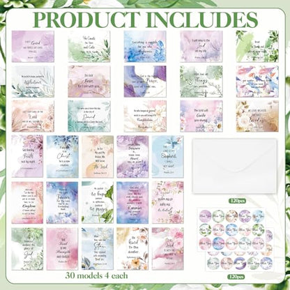 120 Set Inspirational Christian Greeting Cards Bulk with Envelopes Scripture, Inspirational Bible Verse of Christian Greeting Card for Christmas Thanksgiving Birthday Gift, 4 x 6''(Watercolor Flower)