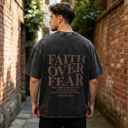 Faith Over Fear Christian Shirt for Men Women Jesus Religious Oversized Graphic Tees Acid Wash Inspirational T‑Shirt - color: Aqua Green, size: X-Large