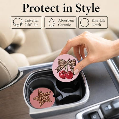 Car Coasters for Cup Holders, Pink Leopard Print Car Coasters Set of 2, B24 - color: Cherry