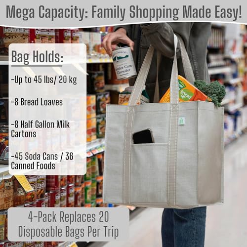 VENO 4 Pack Large Grocery Bag Reusable Shopping Bags with Hard Bottom - color: Beige