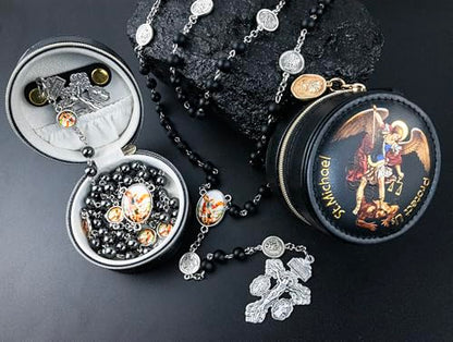 St. Michael the Archangel Catholic Rosary Necklace for Men, 8MM Black Hematite Prayer Beads Packed in Travel Jewelry Box, Rosary Beads Catholic Saints Gifts for Men - color: Black Agate