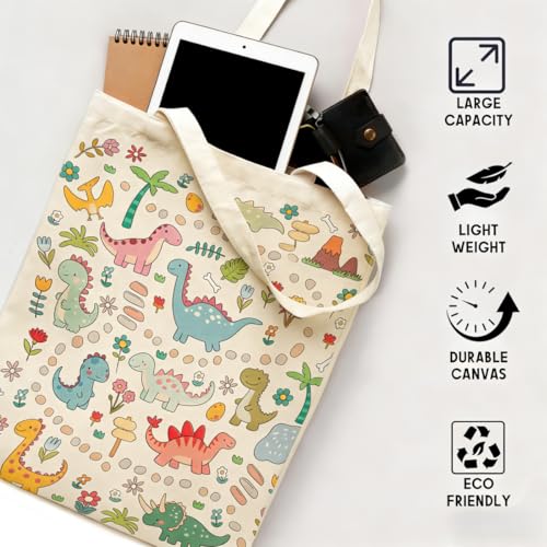 Canvas Tote Bags Reusable Shopping Bag for Women with Zippered Inner Pocket Magnetic Snap Closure - color: Dinosaur