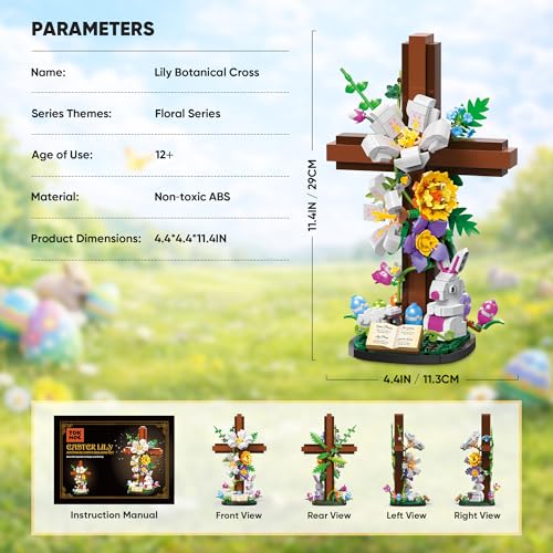 HiDectee Cross Flower Building Set for Kids and Children, 694PCS Jesus Botanical Lily Cross with Bible Base & Spring Garden - Religious Christian Faith Gifts for Mom & Grandma - Spiritual Home Decor