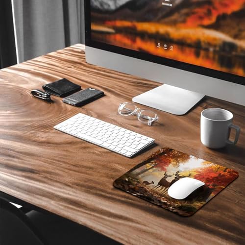 Whitetail Deer Family Autumn Forest Mouse Pad, Hunting Season Desk Mat - color: Custom Designs Art 041