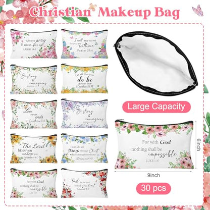 30Pcs Christian Makeup Bag Christian Gifts for Women Inspirational Bible Verse Flower Cosmetic Bags Religious Gifts Motivational Travel Toiletry Pouch for Women Mother’s Day - style: Bible Floral