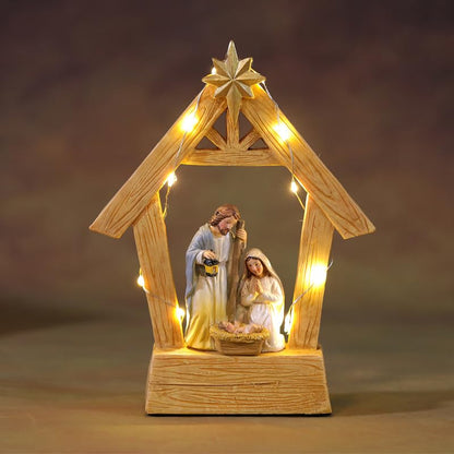 7.3'' Nativity Sets with Lights, Hand Painted Resin Holy Family Statues Manger Nativity Scene for Christmas Indoor Decorations(No Battery Included)