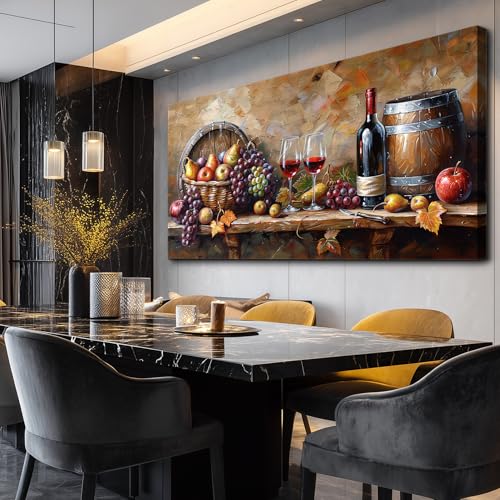 XIGUANGART Kitchen Wall Art Grape Barrel Painting Red Wine Glass Fruit Artwork Prints for Dinning Room Bar Canvas Wall Decor for Living Room Food Still Life Abstract Picture Home Decoration 20x40IN - color: Wine Glass Wall Art, size: 40"L x 20"W
