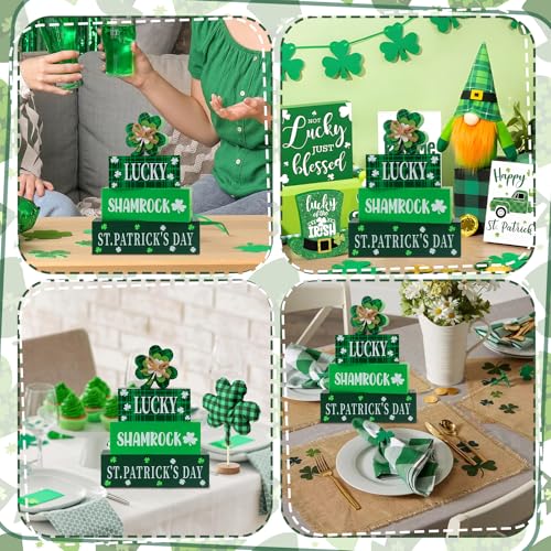 4 Pcs St.Patrick's Day Table Signs Lucky Shamrocks Table Centerpieces Wooden Shamrock Block Signs St Patricks Day Decorations Irish Tiered Tray Decor for Home Office Desk Kitchen Shelf - style: St Patricks