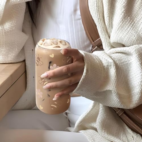 SANDJEST Bee 16oz Can Glass Tumbler with Acrylic Lid & Straw - Iced Coffee Cup for Women Girls, Aesthetic Cups Gifts for Birthday Christmas - color: Bee
