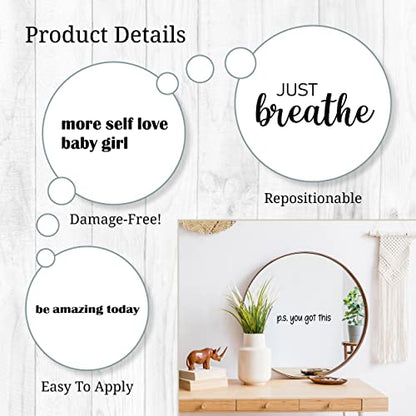 Motivational Mirror Decals - Set of 6 Black Vinyl Quotes Be Amazing Today, Smile It Looks Good On You, Just Breathe, Good Things are Coming - Bathroom Mirror Sticker - color: Black Motivational