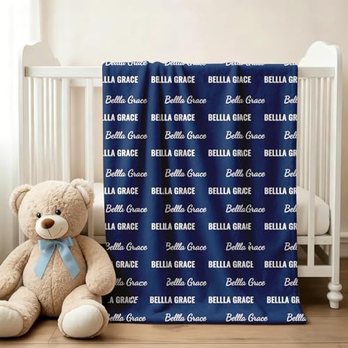 Ships Next Day, Personalized Baby Blanket with Name - Custom Newborn Hospital Swaddle Blanket, Super Soft Plush Flannel Baby Gift for Birth Announcement Shower Easter Gifts for Toddler Kids - color: Navy