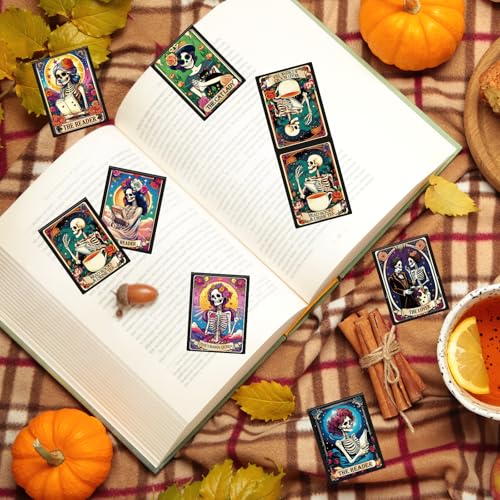 Tarot Skeleton Magnetic Bookmark Gifts - Wxiben 8 Pcs Gothic Skeleton Bookmarks Magnetic for Women Funny Skull Flower Magnets Book Markers Page Clip Gifts for Women Students Teacher Reader Office - style: Tarot Skeleton