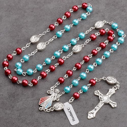 HanlinCC Divine Mercy Catholic Rosary Necklace with Steel Gift Box - color: Silver