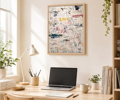 Framed Modern Neutral Abstract Textured Graffiti Love Wall Art, 16x24 Inch - color: Multicolor On White/Cream Background With Red, Yellow, Blue, Black, Green, And Pink Accents, size: 16"L x 24"W